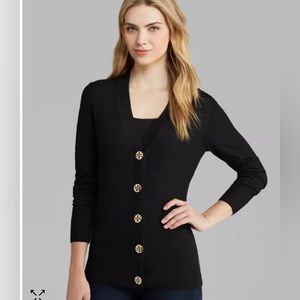 Tory Burch | ‘Simone’ black with bold gold logo buttons | sz large